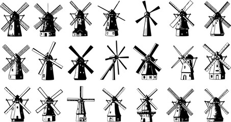Set of diverse vintage windmill illustrations. Hand-drawn collection of various traditional wind turbine designs, sketches, and silhouettes isolated on white. © devanca