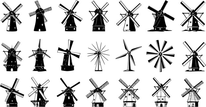 Diverse collection of black and white windmill and wind turbine silhouettes, featuring traditional Dutch mills, modern generators, and various fan blade designs on white.