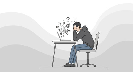 Fototapeta premium Overwhelmed person struggling with complex problems at computer, stress and confusion