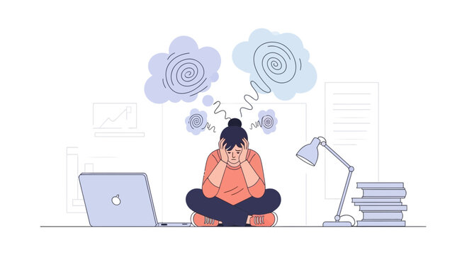 Overwhelmed student or employee sitting at desk with laptop and books, feeling stressed and anxious