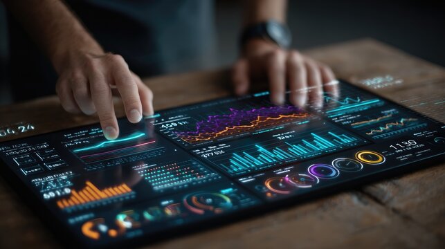 Investor reviewing investment opportunities on a touchscreen with holographic pitch decks, financial projections, and due diligence graphics. 