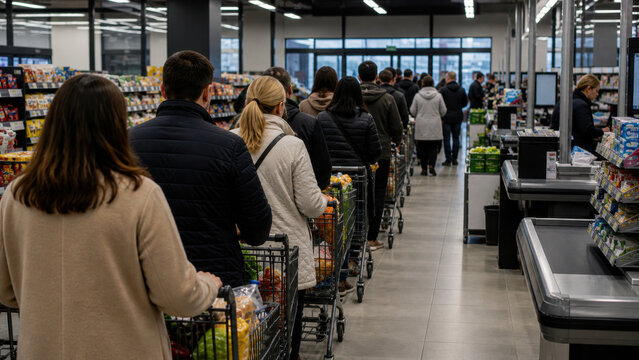 Queue of customers with shopping carts in modern supermarket. People buying groceries during busy shopping hours and high consumer demand.
