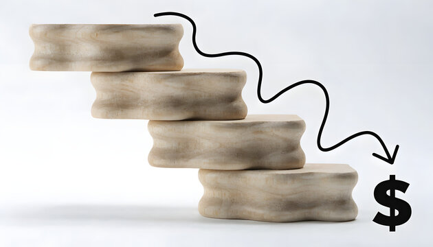 A stack of four wooden blocks with a dollar sign and a downward arrow on a white background