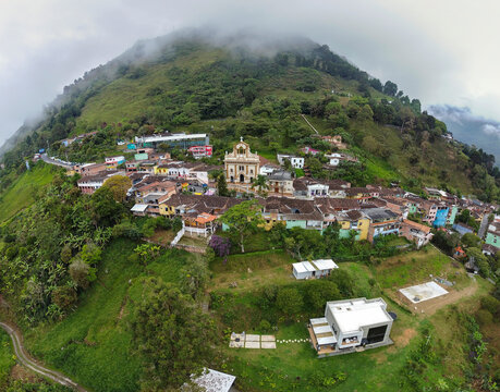 San Sebastian de Palmitas, Antioquia - Colombia. February 15, 2026. Aerial drone view of the corregimiento with 7,819 inhabitants.