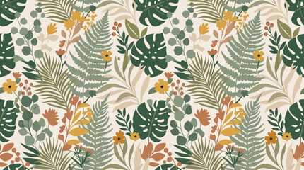 Pattern of Tropical Leaves and Foliage on Light Background for Botanical Fabric Design. © izzstudio
