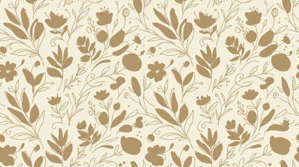 Beige Floral Pattern with Cream Flowers and Leaves for Textiles and Decor. © izzstudio