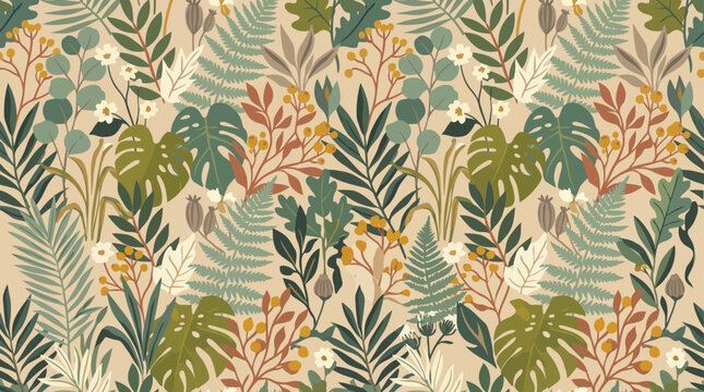 Colorful botanical leaf pattern design for textiles and surfaces with tropical motifs.