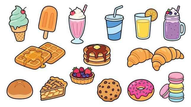 A vibrant collection of sweet treats and desserts, including ice cream, waffles, pancakes, croissants, and donuts.