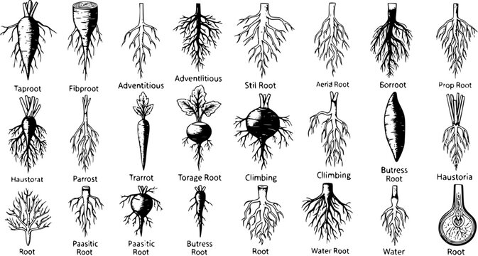 Detailed Botanical Diagram Illustrating Various Types of Plant Roots and Their Classifications for Educational and Scientific Study, Including Taproot, Fibrous, Adventitious, Storage, and Specialized