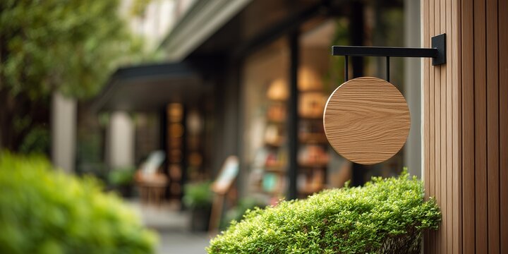 Blank circular wooden sign mockup hanging outside a modern cafe entrance with lush greenery, concept for retail display, small business advertising and exterior design branding
