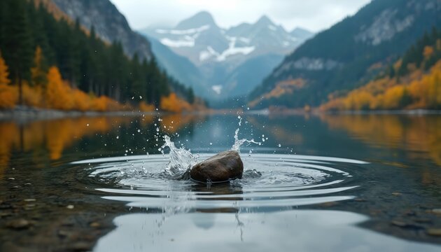 Stone skips across calm mountain lake in autumn. Water splashes outwards creating ripples. Forested hillsides show vibrant fall colors. Majestic peaks rise in background.