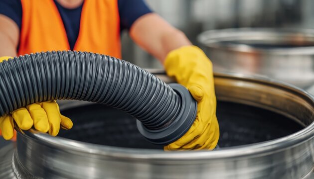 Close up of worker's gloved hands guiding large industrial hose into metal vat, suggesting manufacturing or processing.
