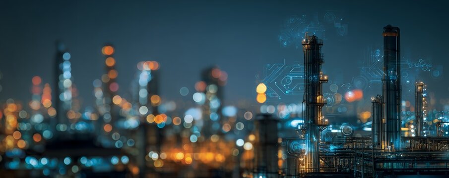 Night view of industrial chemical plant towers with digital overlay, concept for energy management presentation, industrial automation strategy and smart factory planning