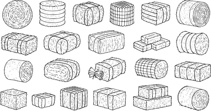 Hay Bales Collection: Hand-Drawn Vector Set of Farm Harvest, Agriculture, and Rural Elements