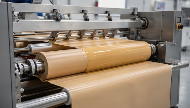 Medium shot of inline aqueous barrier coating machine applying waterbased grease and moisture resistant layer on packaging material in an automated production line.