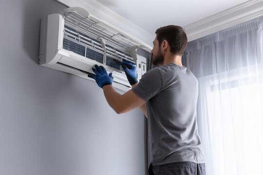 HVAC technician in gloves servicing an indoor air conditioner unit mounted on a wall, concept for maintenance service, home repair and technical support