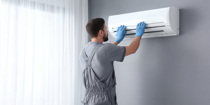 HVAC technician wearing gloves inspecting wall-mounted air conditioner unit indoors, concept for home appliance repair, climate control maintenance and professional service advertising