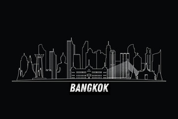 Minimal Bangkok, Thailand skyline line art with iconic landmarks and modern architecture isolated on black background illustration. © Umm Hamzah