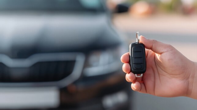 Close up shot of person's hand holding car key fob. Car is out of focus in background.