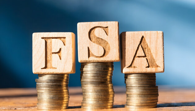 Wooden blocks with letters fsa on stacks of gold coins for financial planning and savings