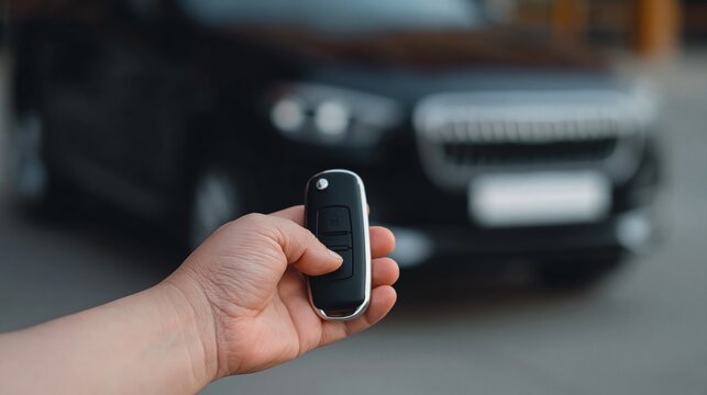 Close up of person's hand holding car key fob, with blurred car in background. Focus on remote.
