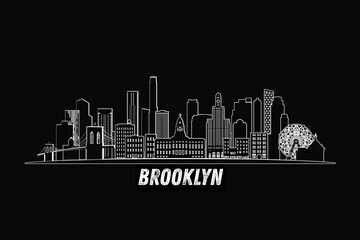 Fototapeta premium Minimal Brooklyn, New York, USA skyline line art with iconic landmarks and modern architecture isolated on black background illustration.