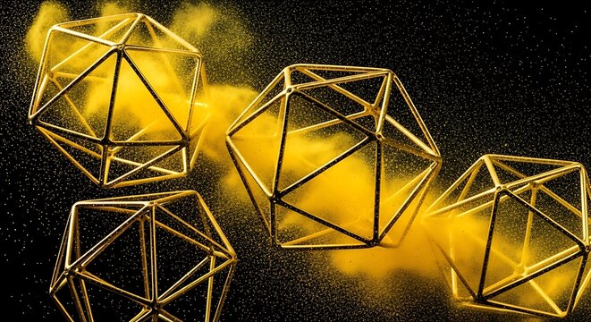 Geometric gold wireframes collide with vibrant yellow dust particles against a dark stellar background. Macro shot with sharp focus. Ideal for scientific research and technology branding.