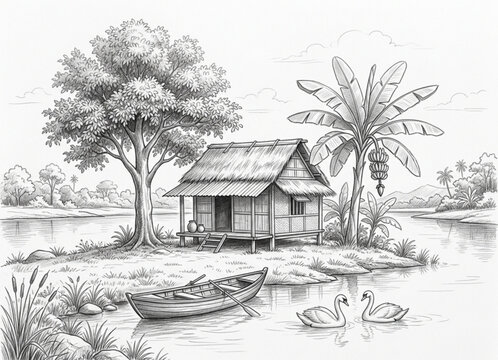 Sketch of a Traditional House on the Riverbank