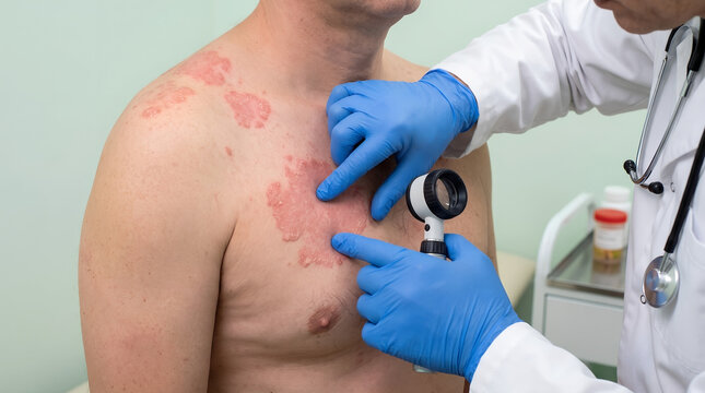 Dermatologist examining a patient's skin rash or psoriasis lesions with a magnifying glass in a clinic.