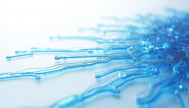 Abstract blue circuit board pathways on white background. These liquid like lines represent digital data flow and network connections for tech concepts.