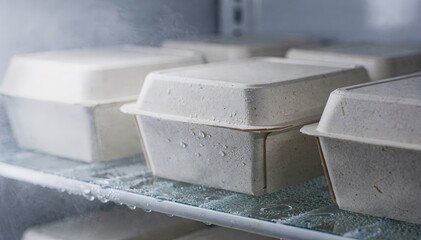 Fototapeta premium Medium shot of chilled food cartons made from compostable biobased barrier paperboard highlighting ecofriendly plantbased coatings for sustainable refrigeration packaging.