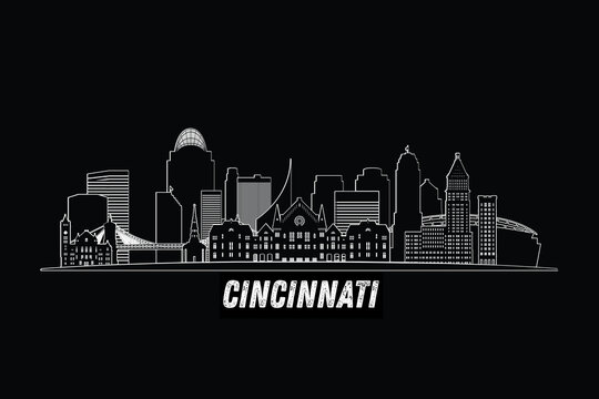 Minimal Cincinnati, Ohio, USA skyline line art with iconic landmarks and modern architecture isolated on black background illustration.