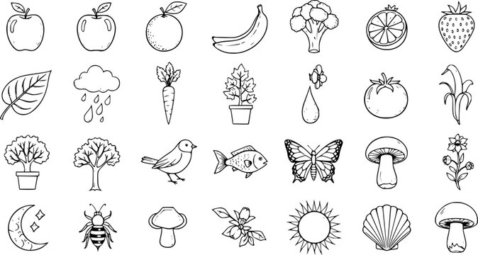Doodle Nature and Food Icons Set: Hand-drawn outline illustrations of fruits, vegetables, plants, animals, weather, and celestial elements.