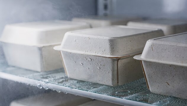Medium shot of chilled food cartons made from compostable biobased barrier paperboard highlighting ecofriendly plantbased coatings for sustainable refrigeration packaging.