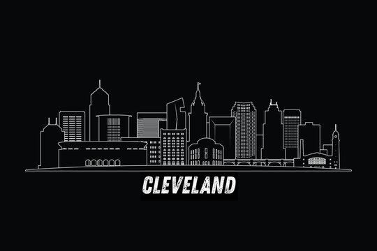 Minimal Cleveland, Ohio, USA skyline line art with iconic landmarks and modern architecture isolated on black background illustration.
