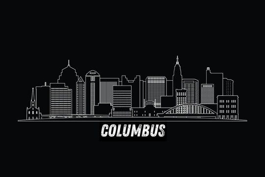 Minimal Columbus, Ohio, USA skyline line art with iconic landmarks and modern architecture isolated on black background illustration.