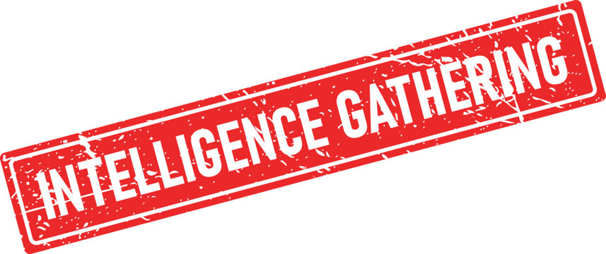 Vintage red rubber stamp with rough texture displaying the words INTELLIGENCE GATHERING in white