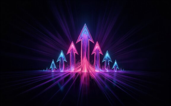 Neon arrows glow upward radiating energy on a dark reflective surface.