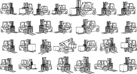 Obraz premium Collection of various hand-drawn line art illustrations of forklifts and industrial material handling vehicles, some carrying boxes, in a logistics and transportation theme.