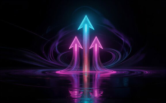 Neon arrows glow upward radiating energy in a cosmic reflective pool.