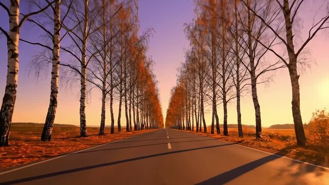 Autumn sunset road framed by tall birch trees in a symmetrical rural avenue, orange leaves, long shadows, clean empty asphalt, pastel sky glow, cinematic peaceful countryside travel scene in fall