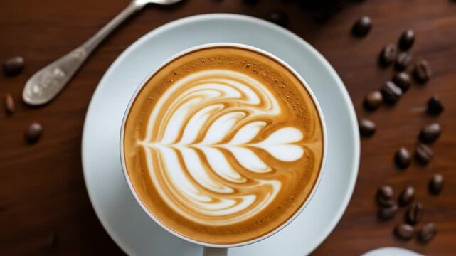Latte art coffee top view white cup saucer spoon milk jug beans on wood