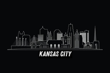 Obraz premium Minimal Kansas City, Missouri, USA skyline line art with iconic landmarks and modern architecture isolated on black background illustration.