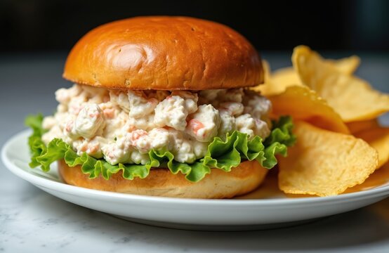Crab salad sandwich on brioche bun with lettuce and potato chips. Creamy seafood filling piled high, served on soft bread. Delicious quick meal, perfect for lunch or dinner.