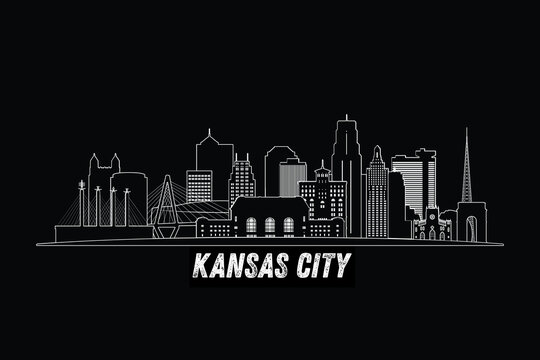 Minimal Kansas City, Missouri, USA skyline line art with iconic landmarks and modern architecture isolated on black background illustration.