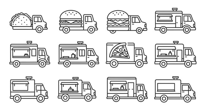Set of Food Truck Icons, Street Food Delivery Vehicles