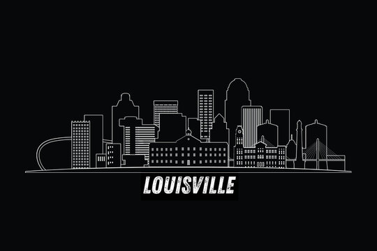 Minimal Louisville, Kentucky, USA skyline line art with iconic landmarks and modern architecture isolated on black background illustration.
