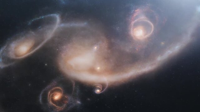 Multiple spiral galaxies interacting in deep space creating a stunning visual display of cosmic light and massive gravitational stellar forces