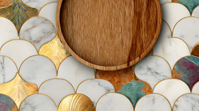 circulo de madera elegante sobre un fondo de escamas de colores claros con tonos dorados decorativos con espacio de copia para dise&ntilde;o moderno y minimalista 