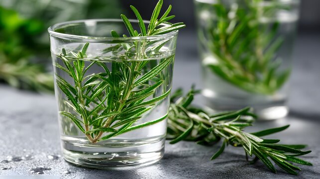 Refreshing Rosemary Infused Water in Clear Glass with Fresh Sprigs.